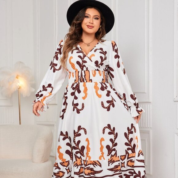Plus Size Printed Surplice Flounce Sleeve Dress - Picture 1 of 9
